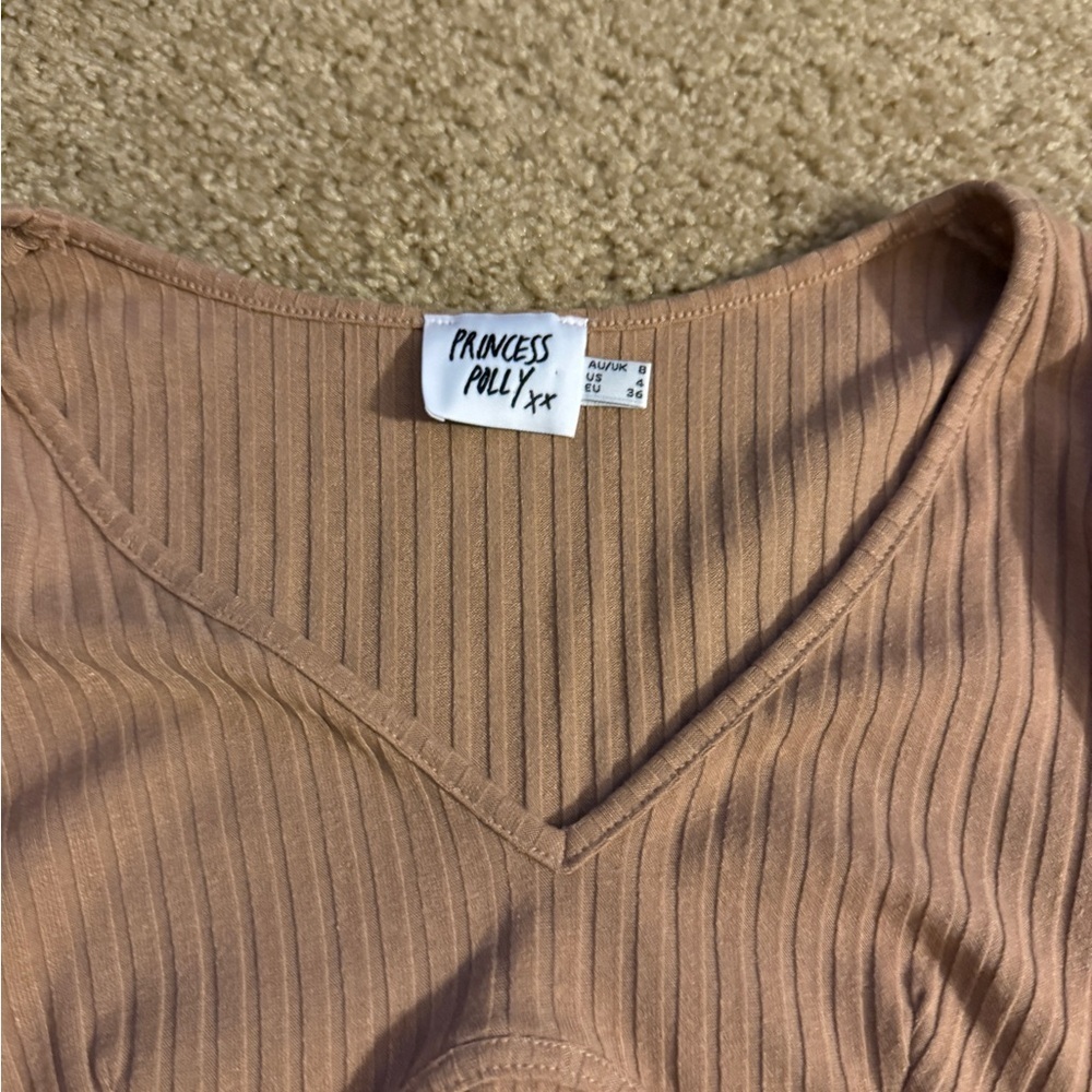 Princess Polly Beige Ribbed Long Sleeve Crop Top - Picture 3 of 5